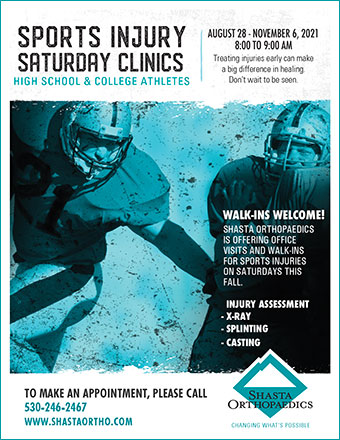 Redding sports injury treatment. Image of flyer for Shasta Orthopaedics' Saturday Sports Injury Clinics showing football players and information about the clinics.